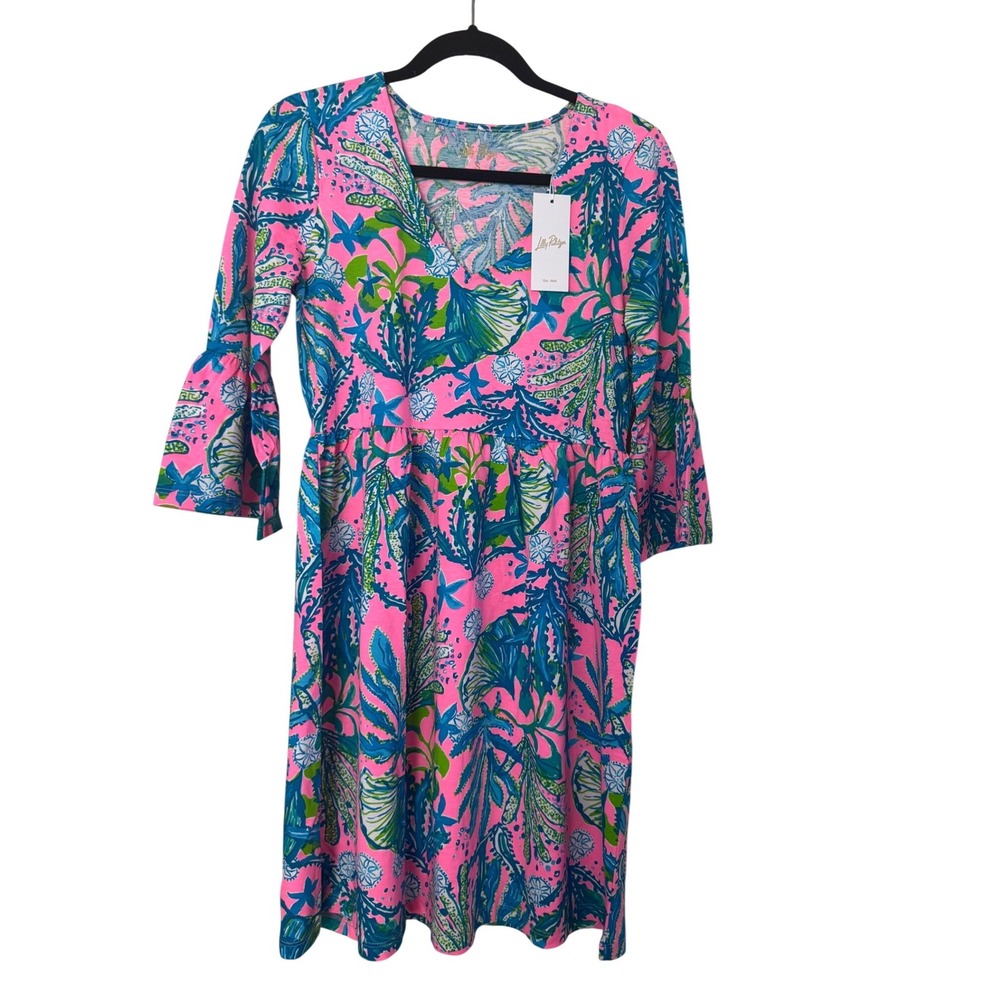 Lilly Pulitzer‎ Pink Green Print Bell Sleeves Mini Dress Size Small Cotton NWT